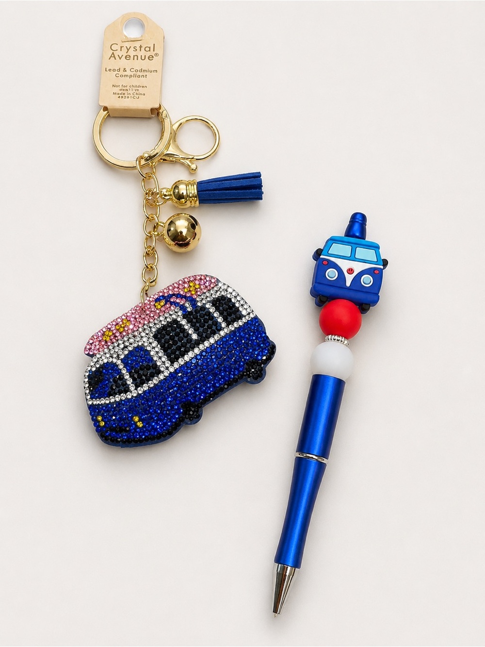 Blue VW Bus Gift Set – Rhinestone Keychain & Camper Van Beaded Pen